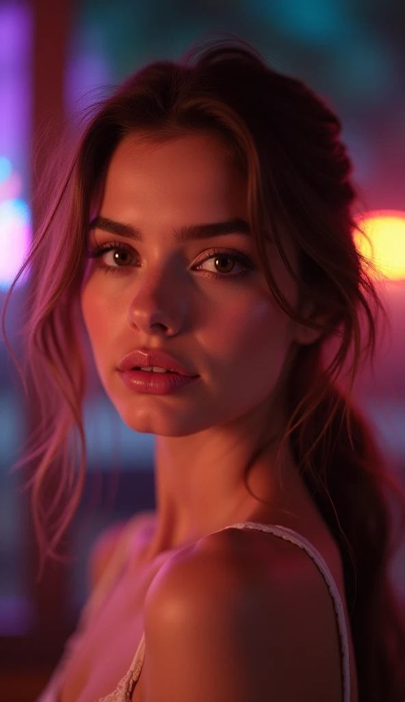 Profile photo of a stunning woman in her early 20s for social media. Seductive look, flawless makeup, styled hair. Blurred background with colorful lights. Professional portrait style, high quality." 