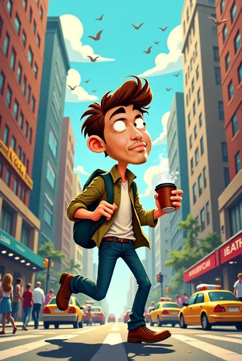 I want a cartoon (animated) of this picture of a young man in his mid-twenties who constantly drinks coffee with dark circles under his eyes, carrying a work bag and sweating profusely.