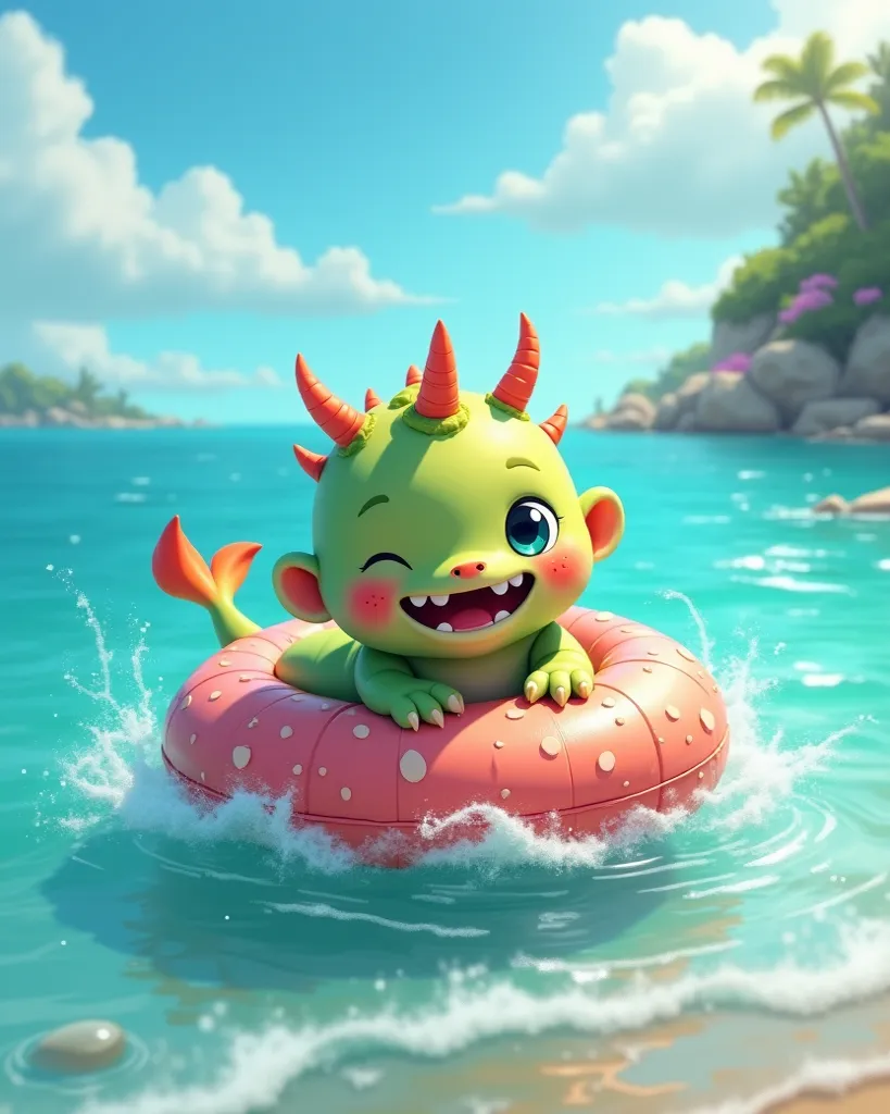 cute monster,boy,playing in the ocean,beautiful,Swim ring,I want friends


