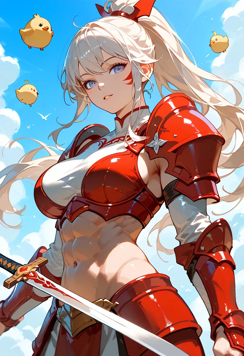 young woman worrior, muscular, large breasts, white long hair, ponytail, red armor, red dot on forhead and three markings on every chick, , erotic, sexy, dynamic angle, swords