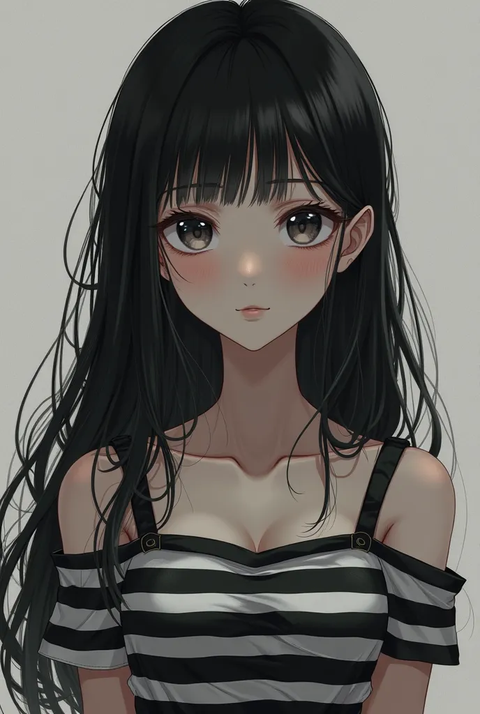 Anime photo of a woman in a black and white prisoner dress, wanting to have cute long hair