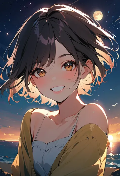 1girl, moon, night, solo, brown_eyes, full_moon, star_(sky), black_hair, smile, sky, night_sky, short_hair, starry_sky, looking_at_viewer, outdoors, off_shoulder, shirt, teeth, grin