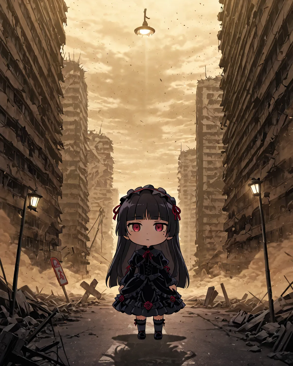  chibi, Alone, ruri gokou, hime cut, long hair, mole,  black hair, cut, red eyes, Gothic Lolita, dress, hair band 
 BREAK
(A Lone Figure Under a Streetlamp), Midnight, post-apocalypse,  waste , street lamp, ruins, Sandstorm, Decaying Buildings , shadow, Fe...