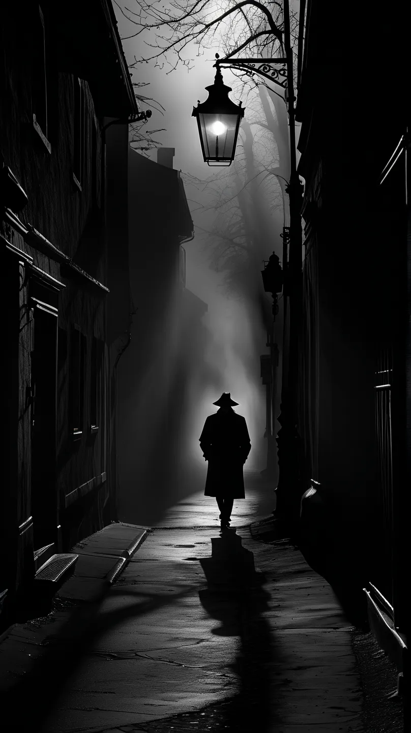 A lone figure stands motionless beneath a flickering streetlamp on an empty, fog-choked street. Their face is obscured by shadows, their body unnaturally still. The dim light casts long, twisted shadows that seem to stretch toward you. A chill lingers in t...