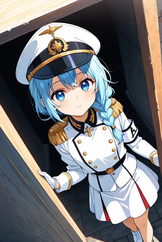 helm (nikke), blue eyes, blue hair, braid, long hairwhite hat, peaked cap, epaulettes, white gloves, military uniform, armband, white shorts, short shorts, white footwear, high heels