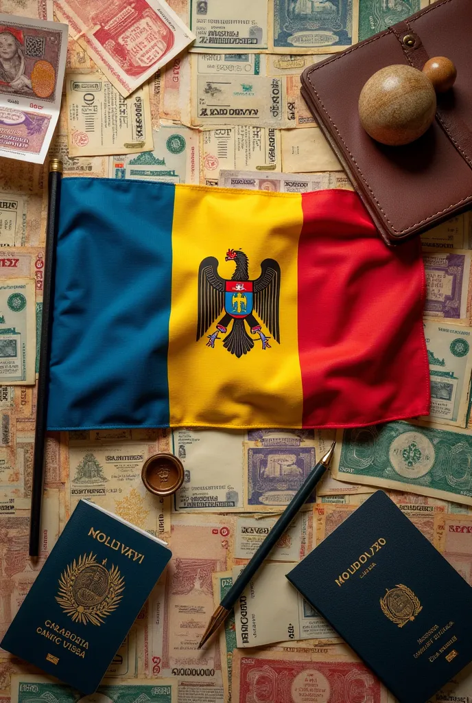 A picture where the flag of the Republic of Moldova is surrounded with gender acts (visa,passport,permit,military supply) Add banknotes ,pictures 4x3 ,stilou,simple pencil,stamp