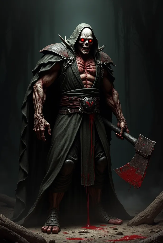 A zombie Inquisitor, with red eyes, With huge muscles , inquisitor hood,  holding an axe, on a black background, very gloomy, with an art style as if he were a horror villain from Resident Evil