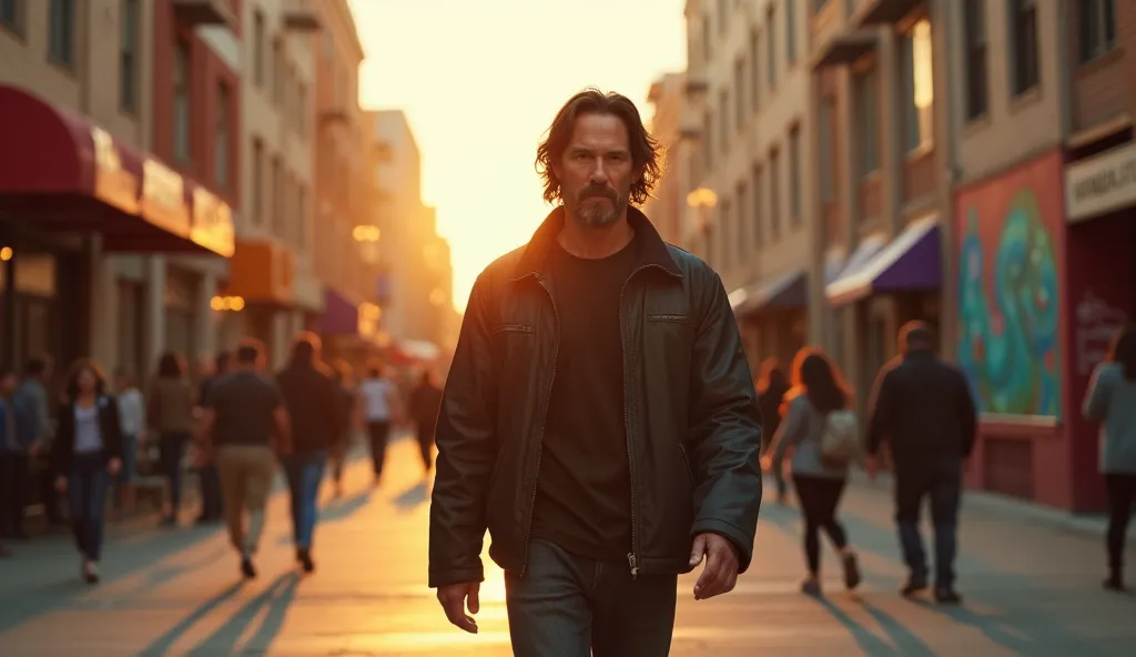 Promt:
“Picture the same hero (Keanu Reeves) at dawn of a new day in Austin, when the city wakes up to a bright future. He walks along a busy street full of murals, creative showcases and renovated facades of,  his face expresses confidence , gratitude and...