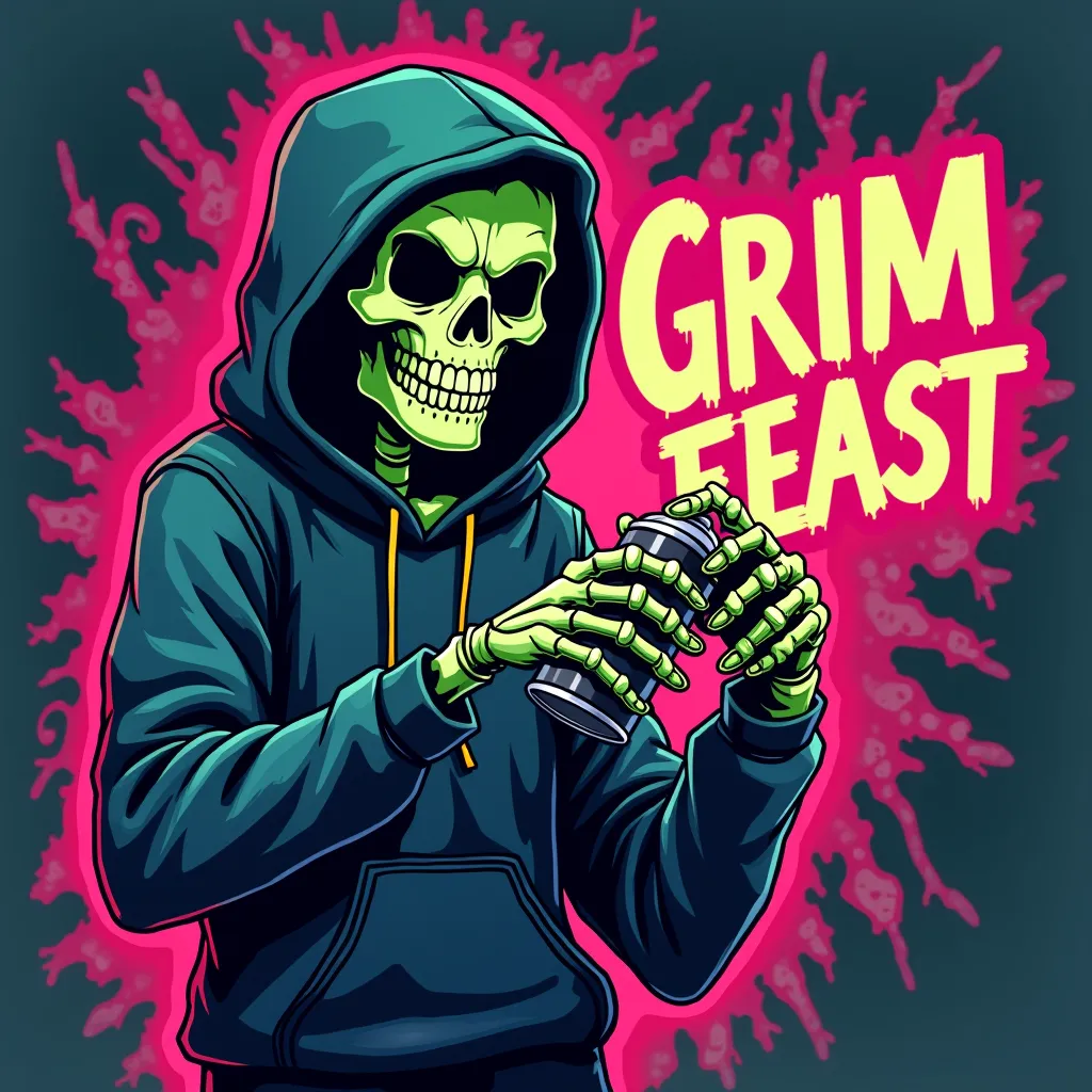 create a logo of cartoon illustration skeleton with dark hoodie with spray can and write 'GRIM FEAST' with neon green and pink colors