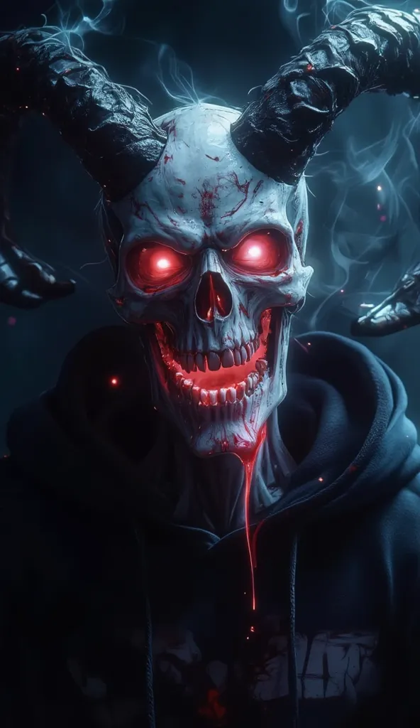 ((masterpiece)), ((Highest quality)), ((Highly detailed composition)), ((Highly detailed texture)), ((4K, 8k))devil skull god of death has long horns covered in blood wearing a hoodie, Enhance the image with a glowing white toxic venom effect. The liquid s...