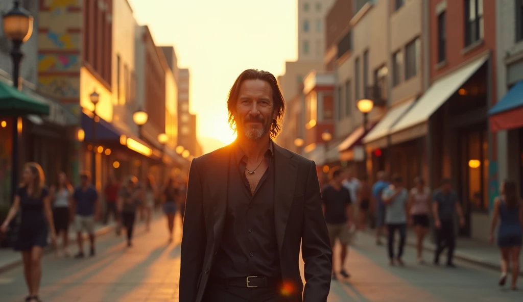 Keanu Reeves at dawn in Austin, when the city wakes up to a bright future. He walks along a busy street full of murals, creative showcases and renovated facades of,  his face expresses confidence , gratitude and determination. Background — urban environmen...