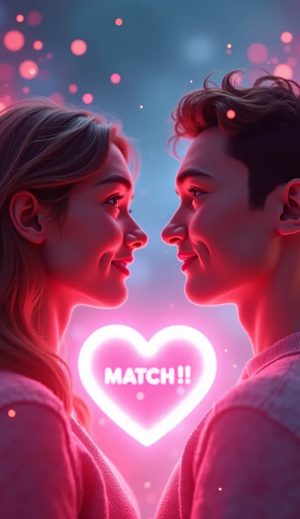 Animation of a Tinder match. Two profile pictures coming together, with the word 'Match!' highlighted. Vibrant visual effects, modern style." 