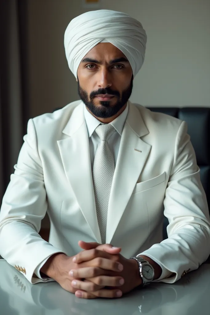 arafed arabic man wear turban in white suit and tie sitting at a table, real photo of a man, sitting at desk, wearing a doctor suit, corporate real photo, handsome man, professional portrait hd, wearing doctors white suit, sitting at a desk, a real photo o...