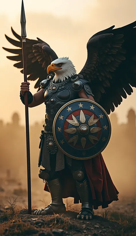 A majestic anthropomorphic warrior with the head of a bald eagle and imposing open wings, wearing detailed black armor with metallic carvings and shoulder straps adorned with skulls. A flowing red cloak descends from his shoulders, contrasting with the dar...