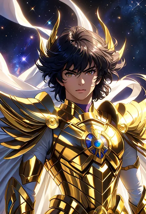  Saint Seiya, gold armor, Movie Light , realistic,highly  details, bright, universe, nebula,  details, super realistic, Clean backgrounds are trending,  bright background,  attention to detail ,8k --niji 5 --style expressive --s 400