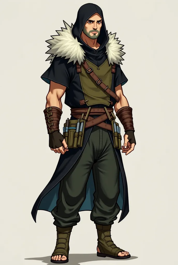 Create an original character based on the legend of Avatar Aang: Moreno 
Physical size: Athletic and well-positioned pants
Hair and beard: Short dark brown with greyish white
Olho: light green
Clothing: primitive warrior, black V-shaped hoodie covering the...