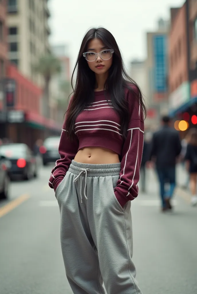 A girl with dark hair wearing transparent glasses, in grey oversized sweatpants, short burgundy white striped longsleeve shirt and sneakers on Los Angeles Street