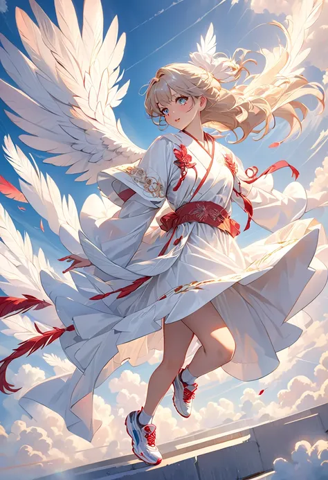 ((RAW photo)), ((masterpiece)),  Anthropomorphic Humanoid Angel Girl Wearing a White Lady Robe, intricate details, running shoes,  Complex Grieble Pieces , The sky behind, pink, Beautiful Feathers, Eye and lip details 