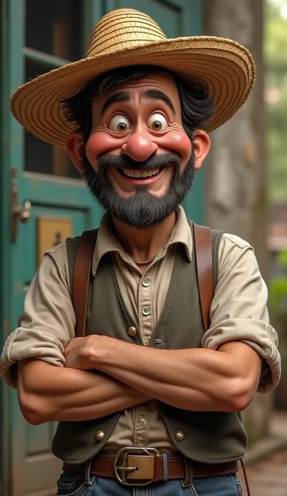 full body, ultra-realistic and high quality, 8k very funny image of a country man with a very funny face, mazzaropi style, he is standing, he is a joke teller, he is wearing a big straw hat, make it so that people just by seeing it will be smiling, make it...