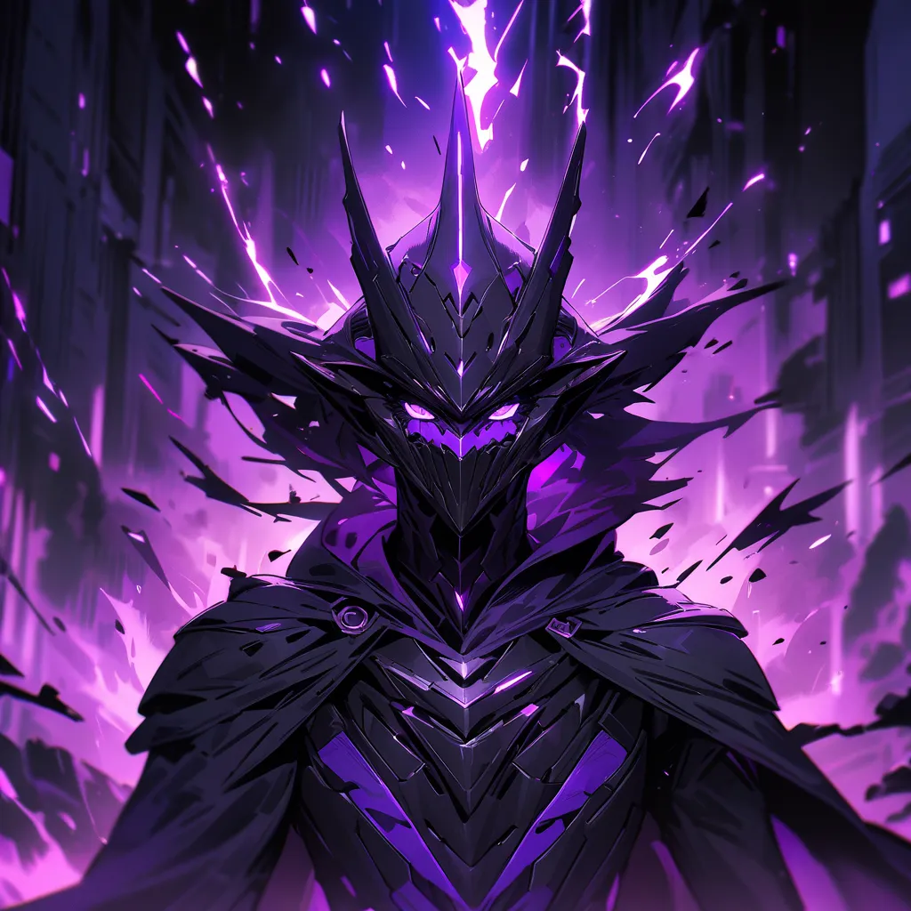 ((high quality)), ((masterpiece)), ((highly detailed)), A powerful and sorrowful villain with a dark, futuristic armor design, glowing purple eyes, and a hooded cloak. The character should have an intense, melancholic expression, with subtle energy waves o...