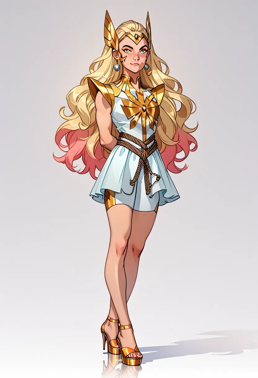 She-Ra ((leather ballet slippers 1.6)) (She is wearing stiletto heels) She-Ra half squatting)), ((she has long hair)), ((Wearing a thick metal necklace around her neck)) Wearing a thick metal necklace around her neck with a chain. arms behind back: 1.4), (...