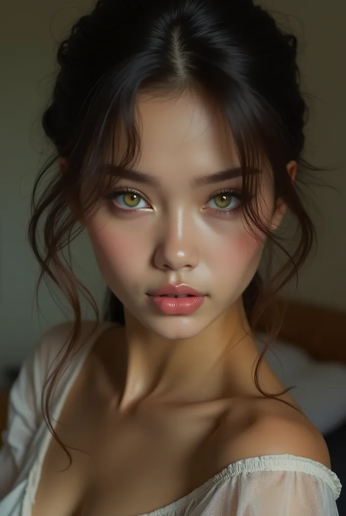 Create for me the face of a 22-year-old exotic model, with medium green eyes, LONG EYELASHES,  Marked cheeks, full lips, with hair tied back in a bedroom, Looking straight ahead and your face free