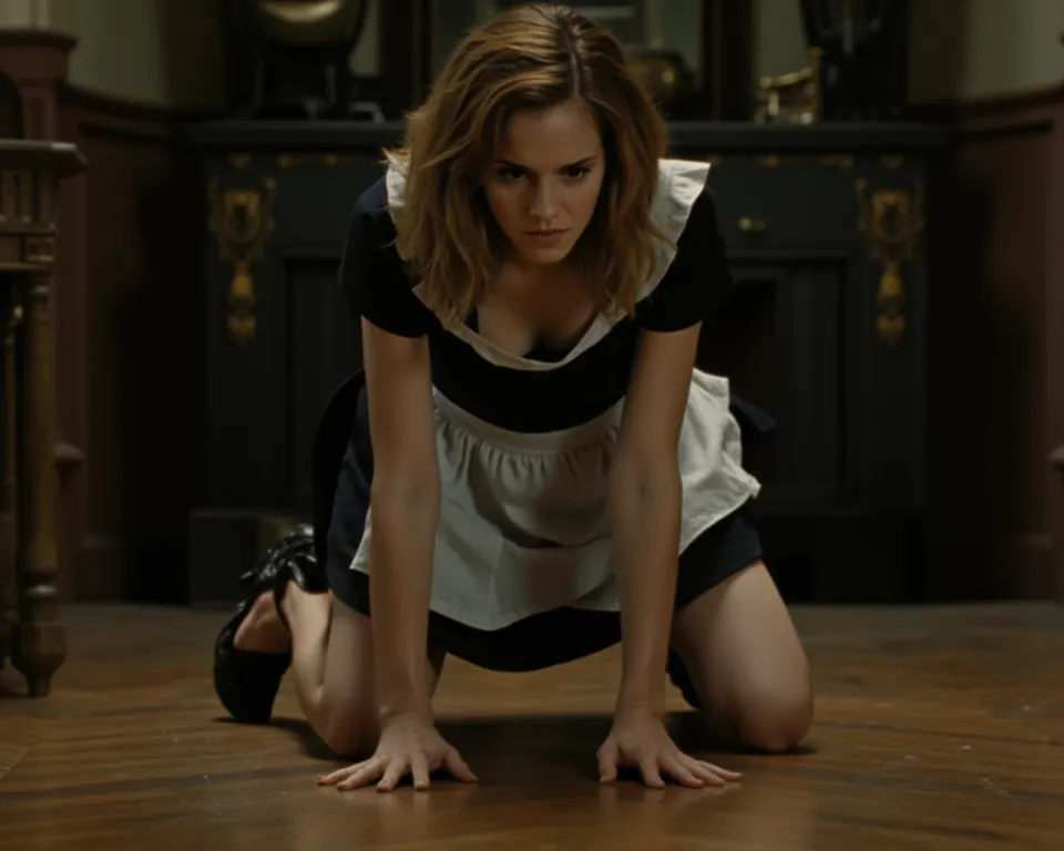 Head to toe picture of hermion granger.wearing short maid costume.classic black stilleto high heels.forced cleaning on all fours.front view.