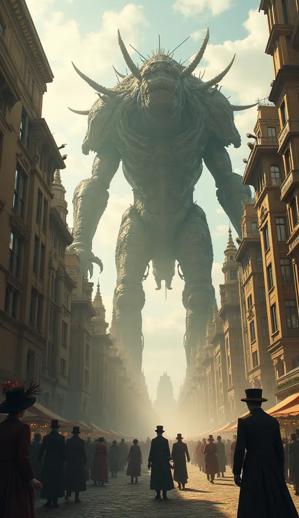 Vertical realistic picture.The city near the Victorian Epoh people dress like Victorian and there's a huge monster on the street
