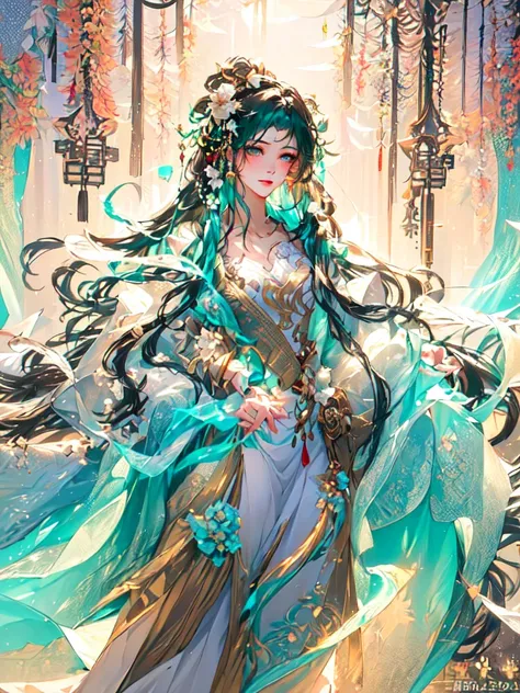 anime girl in a green dress with long hair and a flower crown, a girl in hanfu, full body xianxia, colorful rich fantasy clothing, queen of the sea mu yanling, a beautiful fantasy empress, floral renewal, lotus floral crown girl, fuschia skin, beautiful ch...