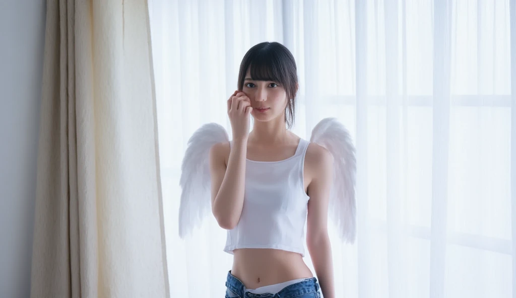 angelic, high quality, Soft leather, white, Girl with short black hair up to her neck,  sexy big breasts  , Sexy body with not so big wings and a tight white dress that is half transparent and that Senta appears on a cloud 