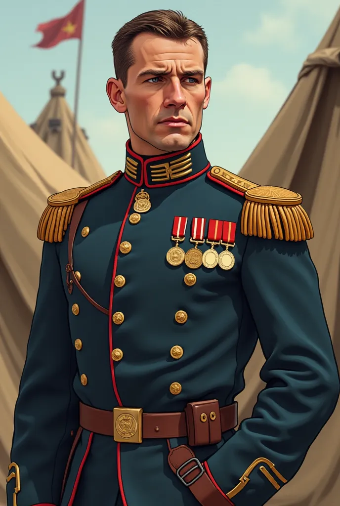 An illustrated image of an anonymous american civil war military colonel. He's depicted wearing a formal military uniform with adorned medals and shoulder epaulettes. The figure is a Caucasian male, with short hair, looking serious and determined. His post...