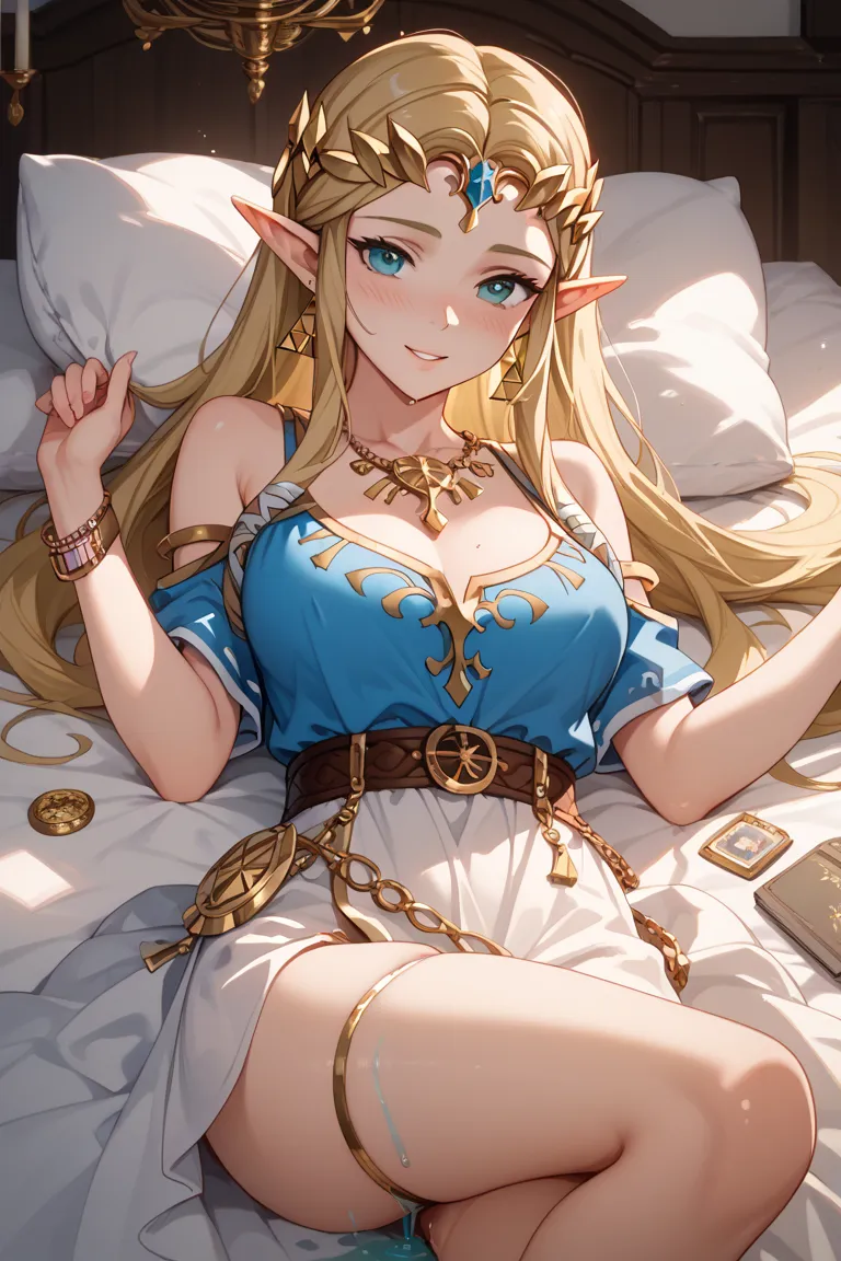 Princess Zelda、Alluring、front、on the bed、on all fours、blush、Love juice、Love juiceが大量、Lie down、My head is on the bed sheet、I'm raising my hips、Kamigami、 dress、and get stabbed from the back