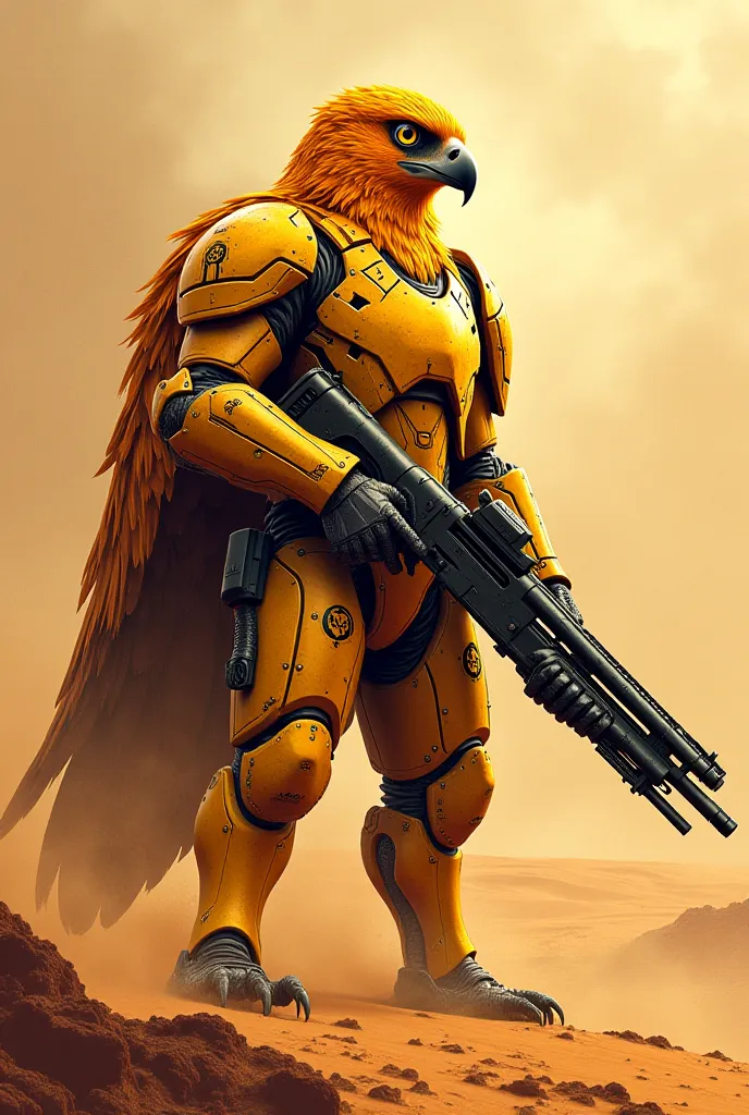  "A cartoon emblem of a golden falcon wearing reinforced armor, holding a combat shotgun. Background features a sandstorm engulfing the landscape."