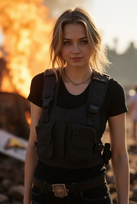 Ana de armas,Female police detective walking through burning car junk yard to viewer, determined,,tight black t-shirt,stab vest,sunny,police badge on belt,Natalie dormer, Ethereal,Portrait,Closeup, portrait,girl posing,Closeup candid photo,Hailee steinfeld...