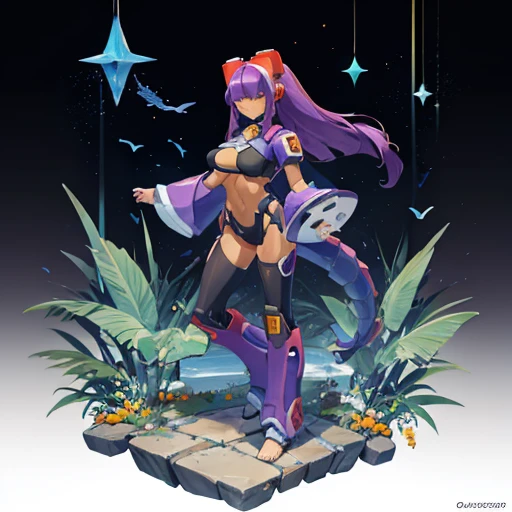 layer_megamanx, 1girl, solo, long hair, purple hair, blunt bangs, hair over eyes, large breasts, dark skin, dark-skinned female, android, underboob, robot ears, overlooking the ocean on the edge of a rock, in the style of avian-themed, realistic yet styliz...