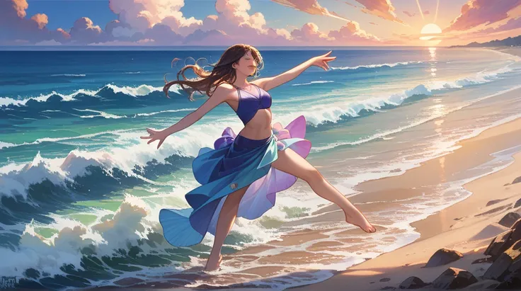 Several anime girls dancing on the beach