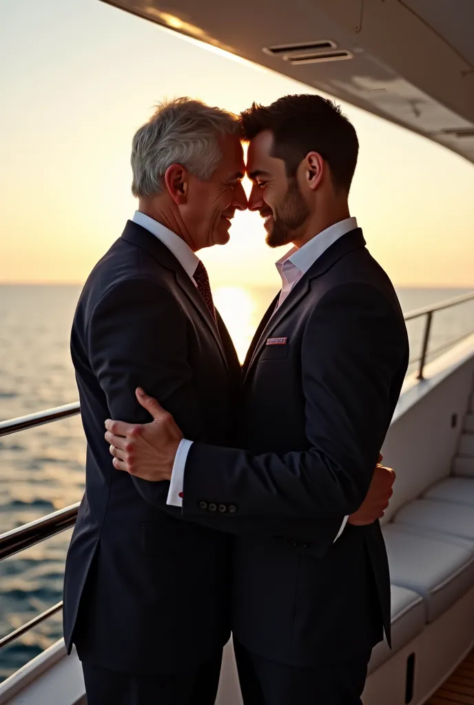 50-year-old mature gay man dressed in a suit makes up with his handsome 30-year-old boyfriend on his yacht