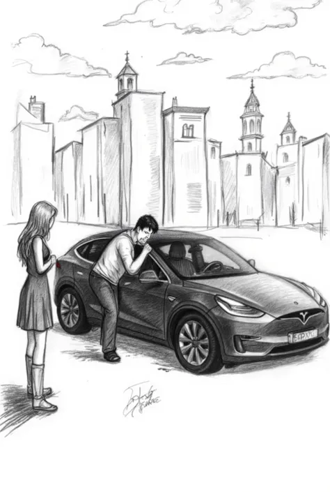 in pencil style
to create a TESLA CAR.  town, black and white style in pencil , a man sits hunched over in a car, a girl stands next to the car 1:3 , illustration, штриховка, девушка далеко от авто