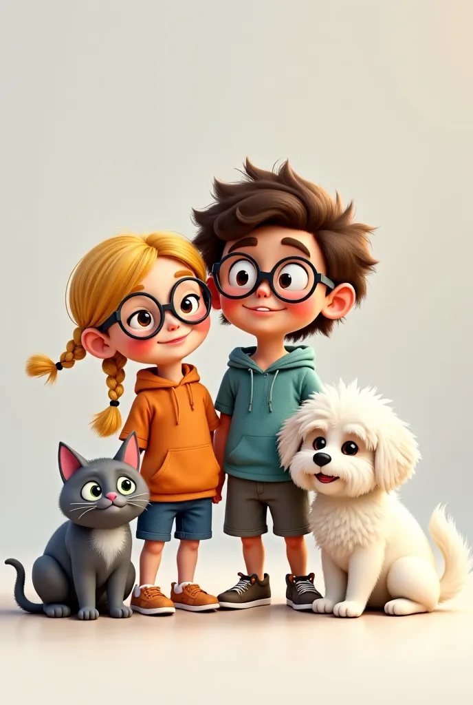 Blonde girl with braids and glasses accompanied by a brown boy. Put aside a gray three-legged cat and on the other side a white Maltese bichon