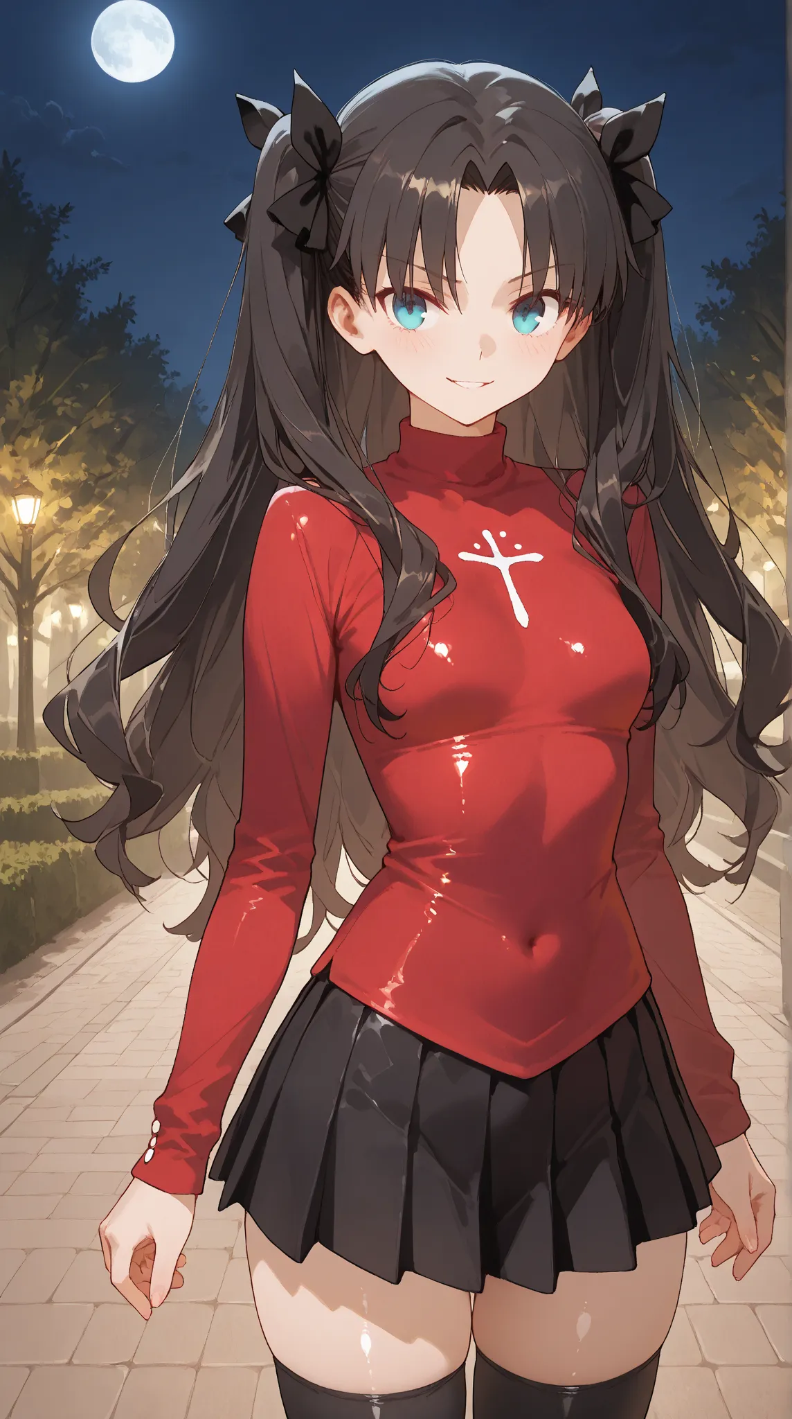 rin tohsaka, long hair, blue eyes, black hair, ribbon, hair ribbon, two side up, small breasts, skirt, thighhighs, long sleeves, pleated skirt, black thighhighs, black skirt, sweater, turtleneck, red sweater, park outdoor, at night, full moon, shiny skin, ...