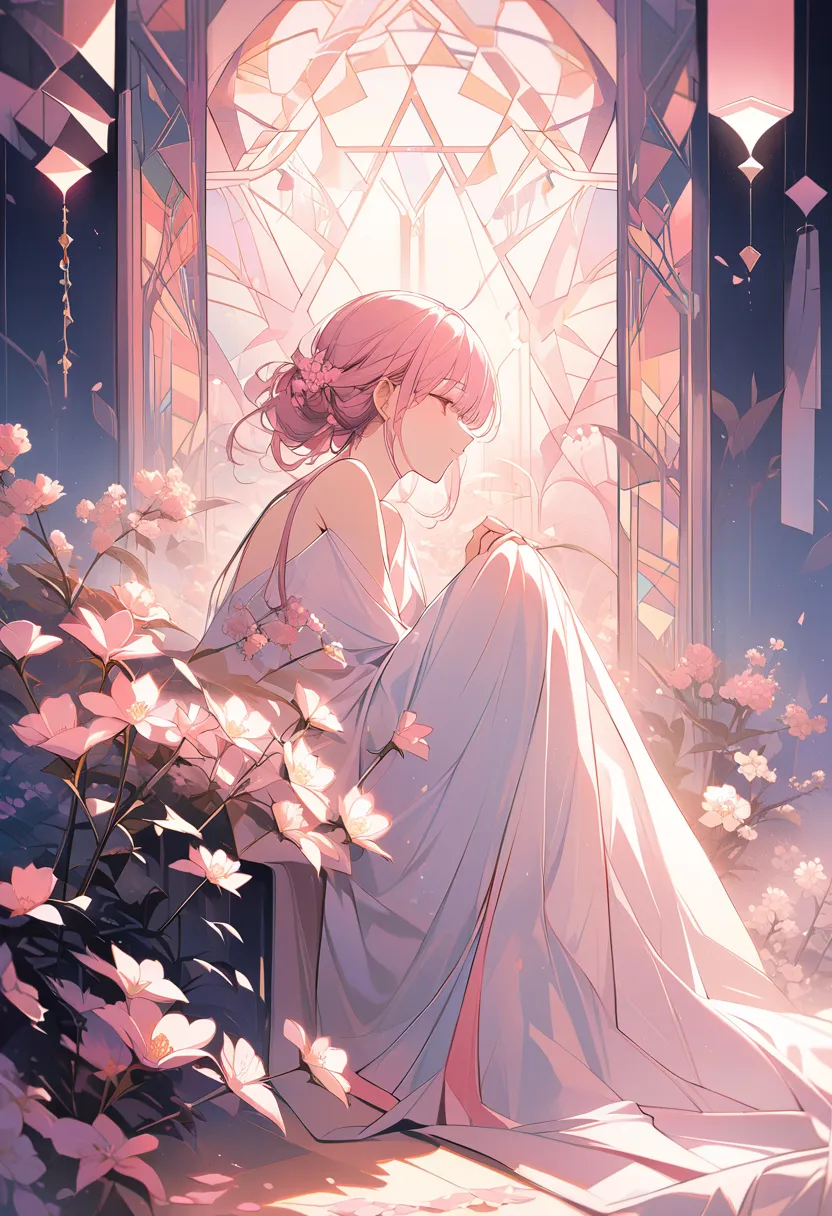 ,Beautiful flower 々）,rests、ojos rosados、 (masterpiece, profile),  official art, beautifully、aesthetic: 1.2), ( a girl), Very detailed, ( geometric art: 1.3), colorful