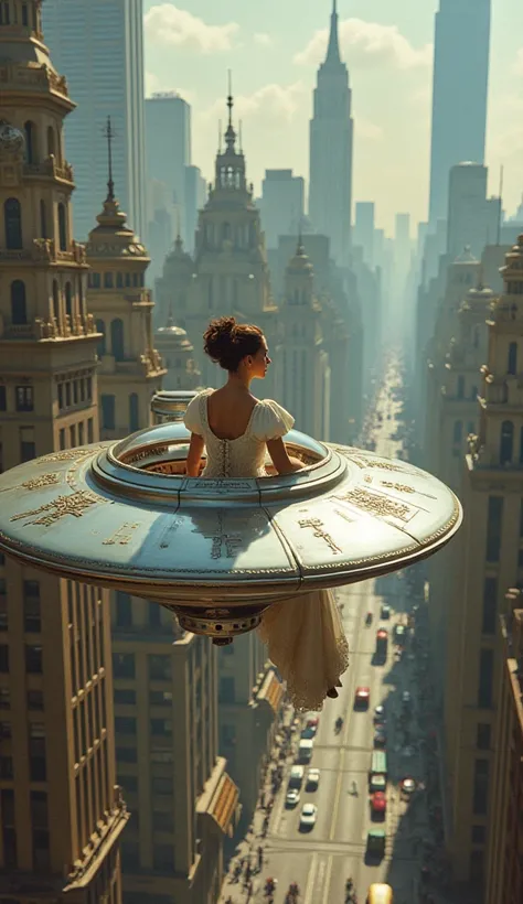 Vertical realistic picture.The city near the Victorian Epoh people dress in Victorian style and a woman flies on the flying saucer of the future


