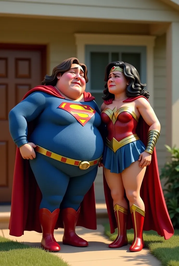 A highly detailed 3D-rendered scene set in front of a house during the daytime. Supergirl and Wonder Woman, both extremely fat with massive, heavy bodies, thick arms, enormous round bellies, wide hips, and double chins, stand together, crying uncontrollabl...