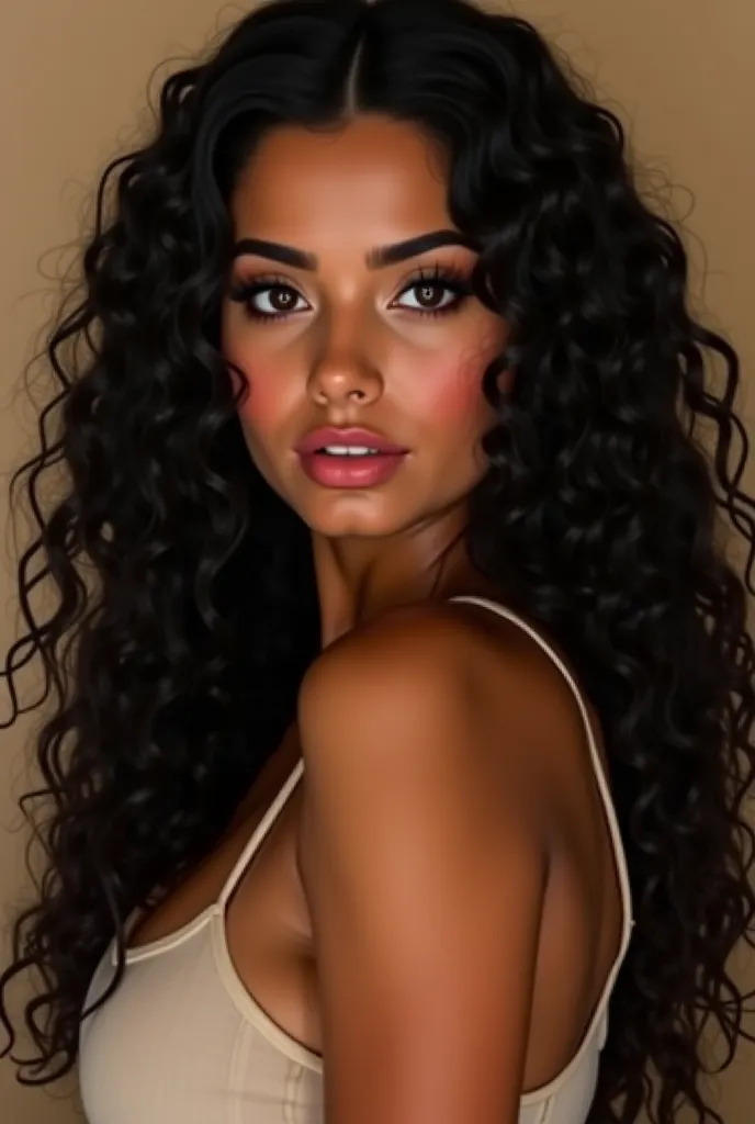 A stunning young woman, aged 19 to 25, with a warm, medium brown complexion and long, voluminous curly black hair. Her eyes are expressive, and her lips are full and well-defined. She has a naturally curvy and well-proportioned figure, with full, shapely b...