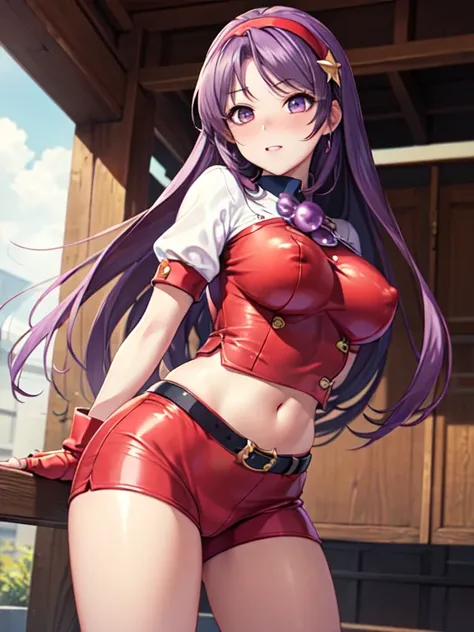 Masterpiece, best quality,ite girl,ATHKOF2002, purple hair, long hair, purple eyes, white hairband, blue sleeves, pearl (gemstone), short sleeves, red top, belt, fingerless gloves, navel, red skirt, biker shorts, nose blush, solo, seductive pose,cowboy sho...