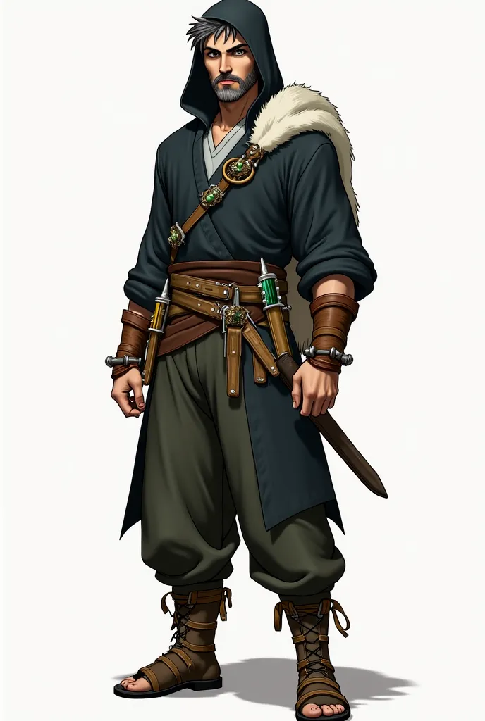 Create an original character based on the legend of Avatar Aang: Moreno 
Physical size: Athletic and well-positioned pants
Hair and beard: Short dark brown with greyish white
Olho: light green
Clothing: primitive warrior, black V-shaped hoodie covering the...