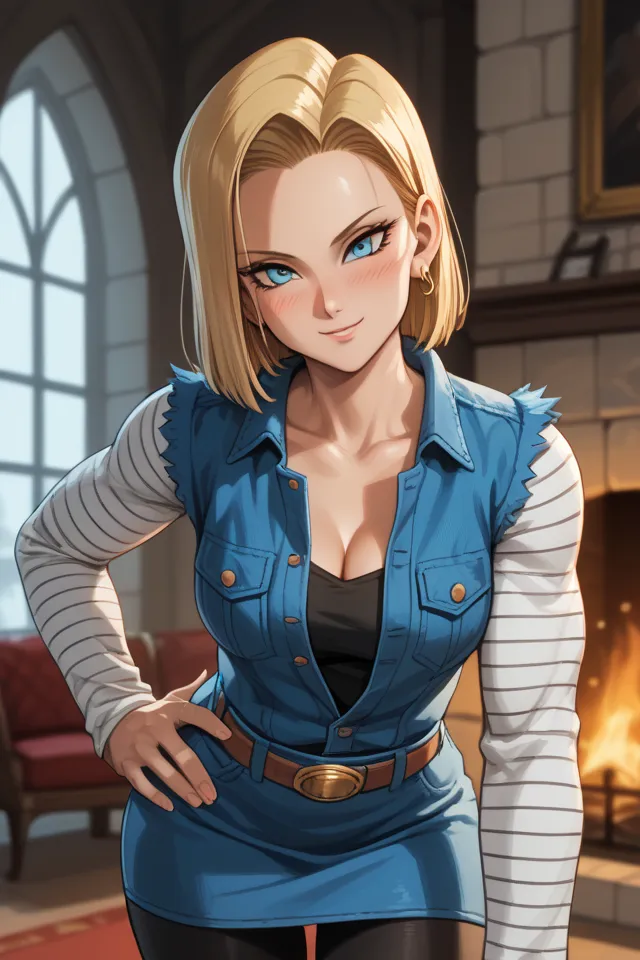 score_9, score_8_up, score_8, medium breasts, (curvy), cute, eyelashes, ,,,  zzAndroid18, blue eyes, blonde hair, short hair, jacket, denim, denim jacket, jewelry, earrings, long sleeves, shirt, skirt, belt, stripes, black legwear,
(leaning forward, head t...