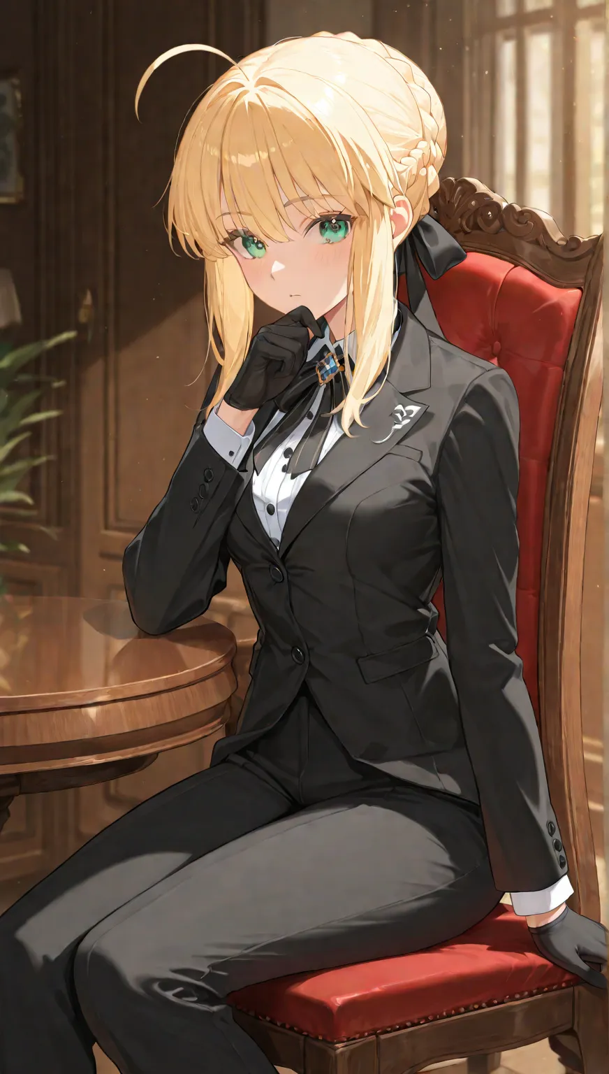 masterpiece,incredible quality,the best quality,ultra-detailed,8K, illustration,CG,  please, cuéntame sobre 1 girl hermosa , 1 girl ,  artoria pendragon , blond hair, long hair tied in a braid, bright green eyes, sidelocks, simple bun,  French braid, black...