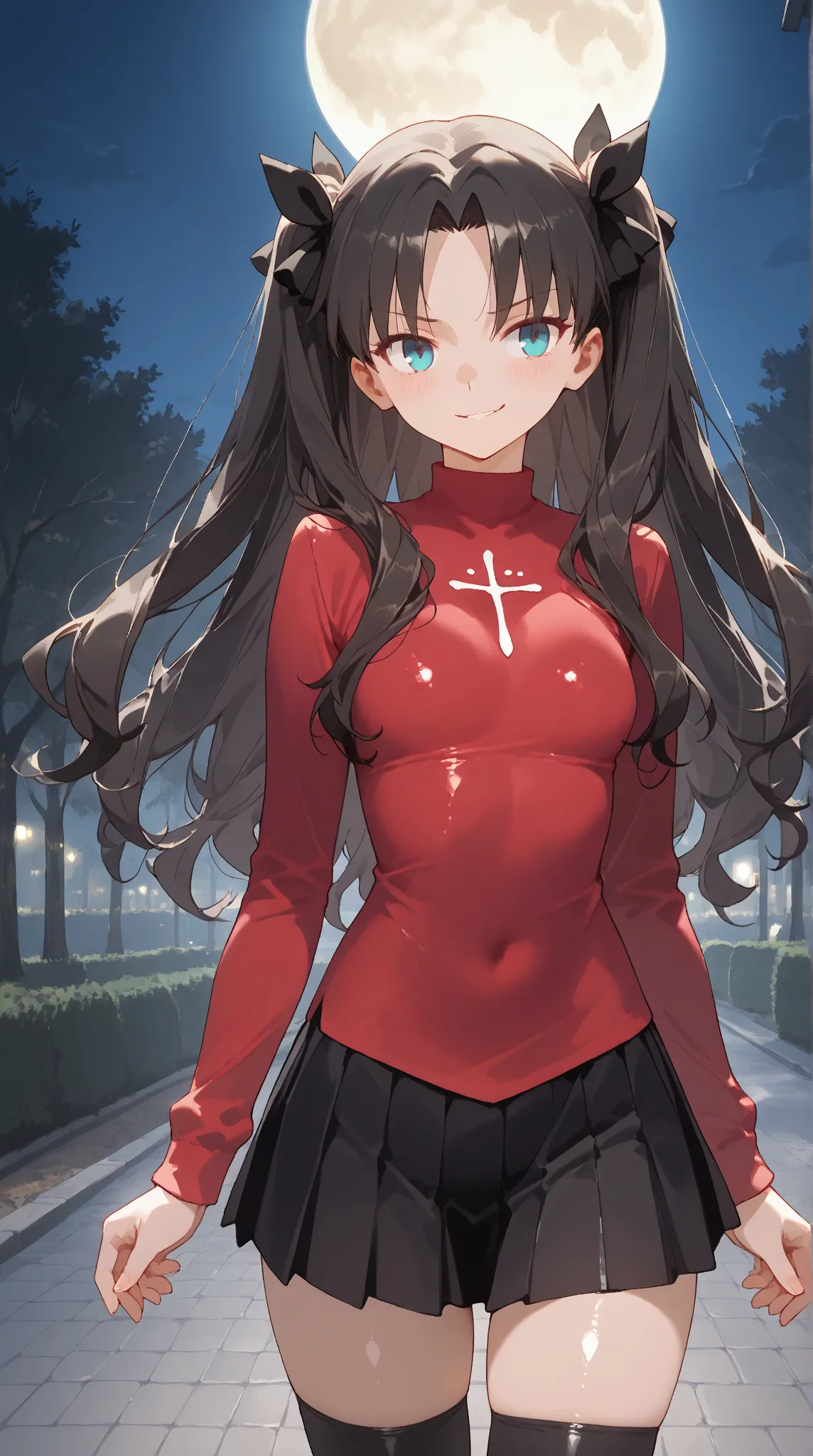 rin tohsaka, long hair, blue eyes, black hair, ribbon, hair ribbon, two side up, small breasts, skirt, thighhighs, long sleeves, pleated skirt, black thighhighs, black skirt, sweater, turtleneck, red sweater, park outdoor, at night, full moon, shiny skin, ...