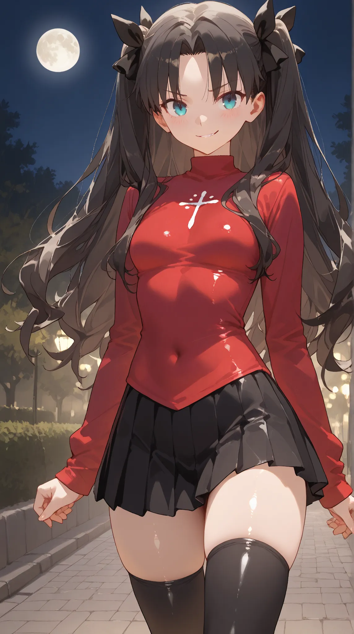 rin tohsaka, long hair, blue eyes, black hair, ribbon, hair ribbon, two side up, small breasts, skirt, thighhighs, long sleeves, pleated skirt, black thighhighs, black skirt, sweater, turtleneck, red sweater, park outdoor, at night, full moon, shiny skin, ...